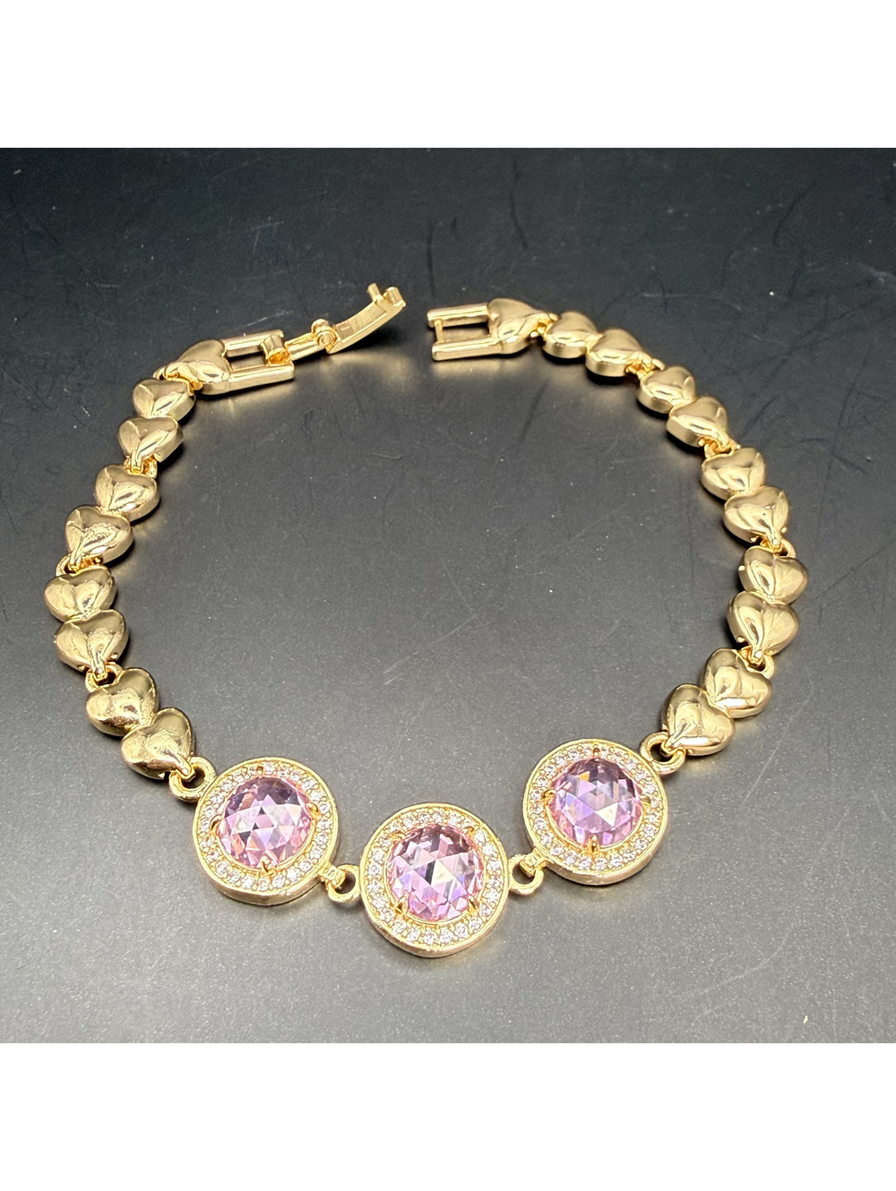 candy+clover Pink Crystal Halo Gold-Tone Heart Link Bracelet